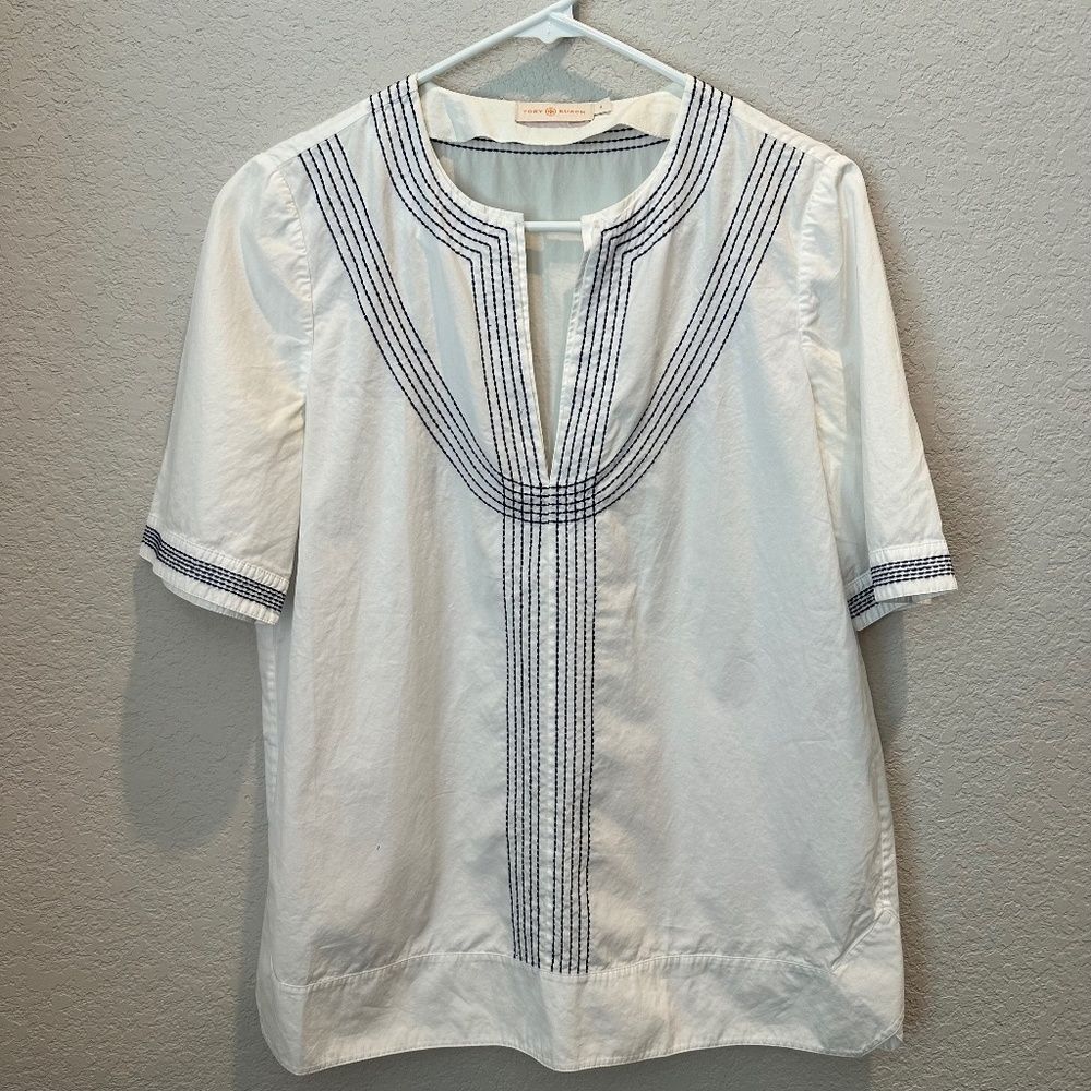 Tory Burch White Navy Blue Stitching 100% Cotton Blouse - Size 4 - EUC